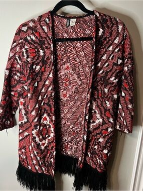 Divided Red, Black & White Fringe Open-Front Cardigan